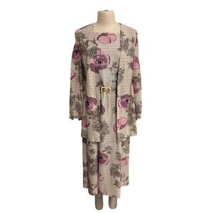 Vintage Handmade Floral Two-Piece Dress and Jacket Set With Gold-Tone Buckle Bel